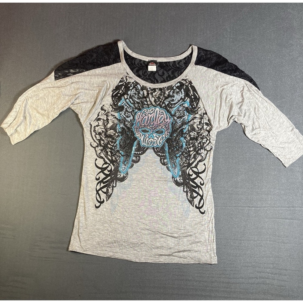 Harley-Davidson Women's 3/4 Sleeve Shirt Turquoise Lace Back L